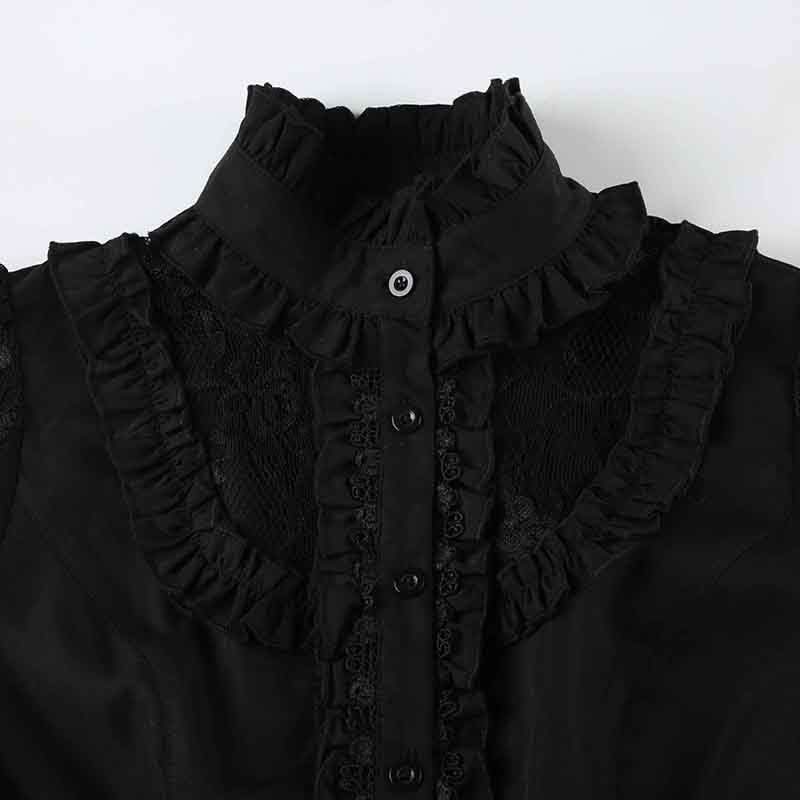 Enchanted Noir Ruffle Lace Blouse - Victorian Goth Chic Top for Fall & Halloween