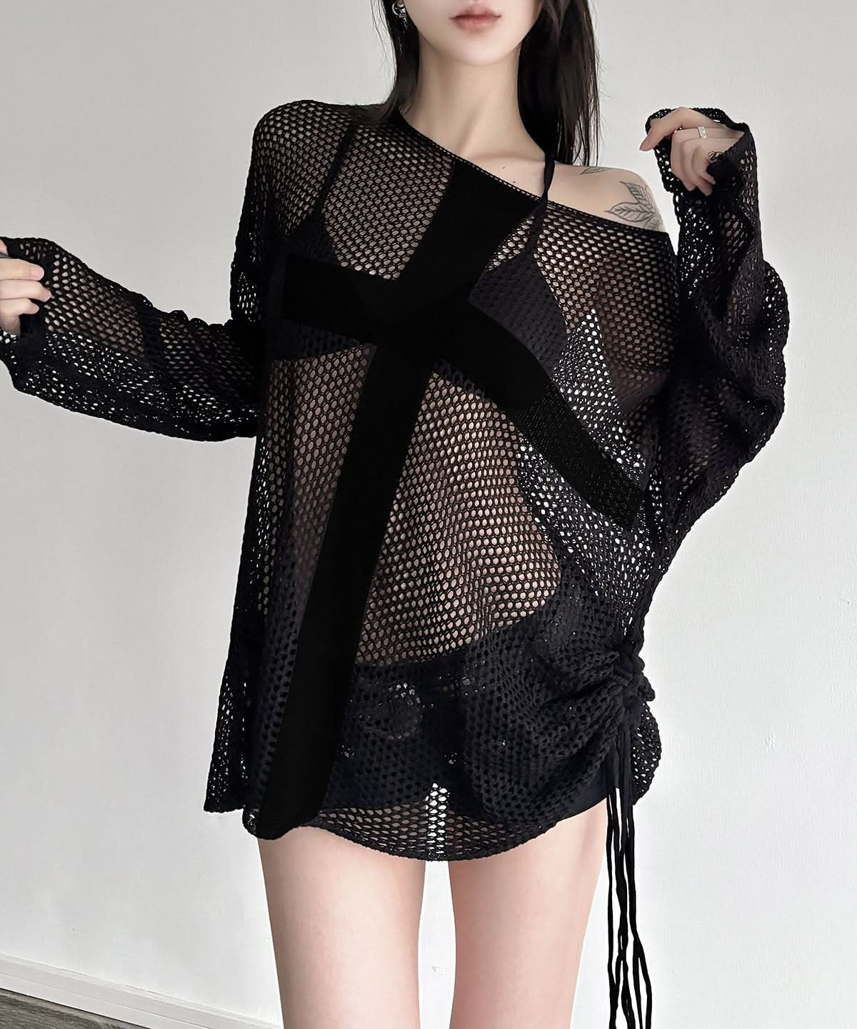 Dare to Wear: Edgy Mesh Cross Oversized Top - Your Fall & Halloween Statement Piece