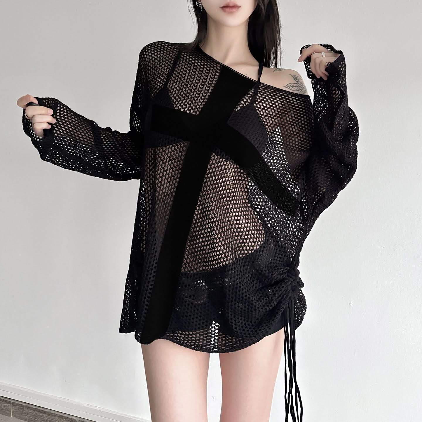 Dare to Wear: Edgy Mesh Cross Oversized Top - Your Fall & Halloween Statement Piece
