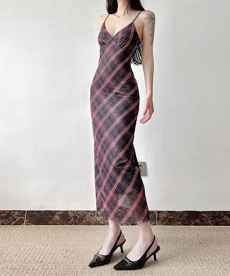 Effortless Elegance: Plaid Mesh Cami Maxi Slip Dress for Fall & Festive Occasions