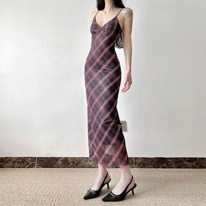 Effortless Elegance: Plaid Mesh Cami Maxi Slip Dress for Fall & Festive Occasions