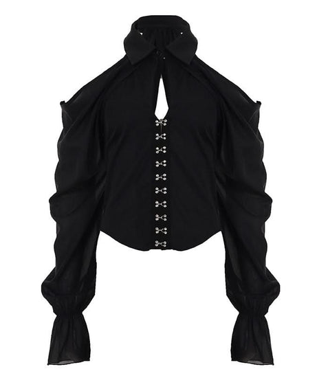 Enchanting Black Cold Shoulder Top | Gothic Keyhole Blouse with Statement Sleeves & Hook Closures - Perfect for Fall & Halloween