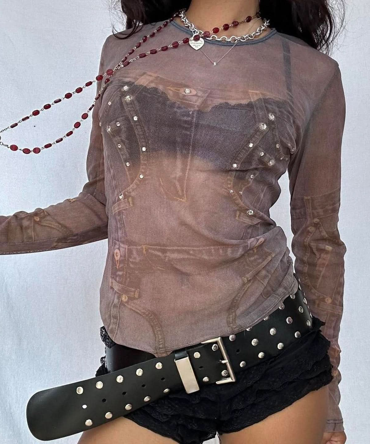 Y2K Grunge Revival Sheer Mesh Corset Top - Fall's Edgy Long Sleeve