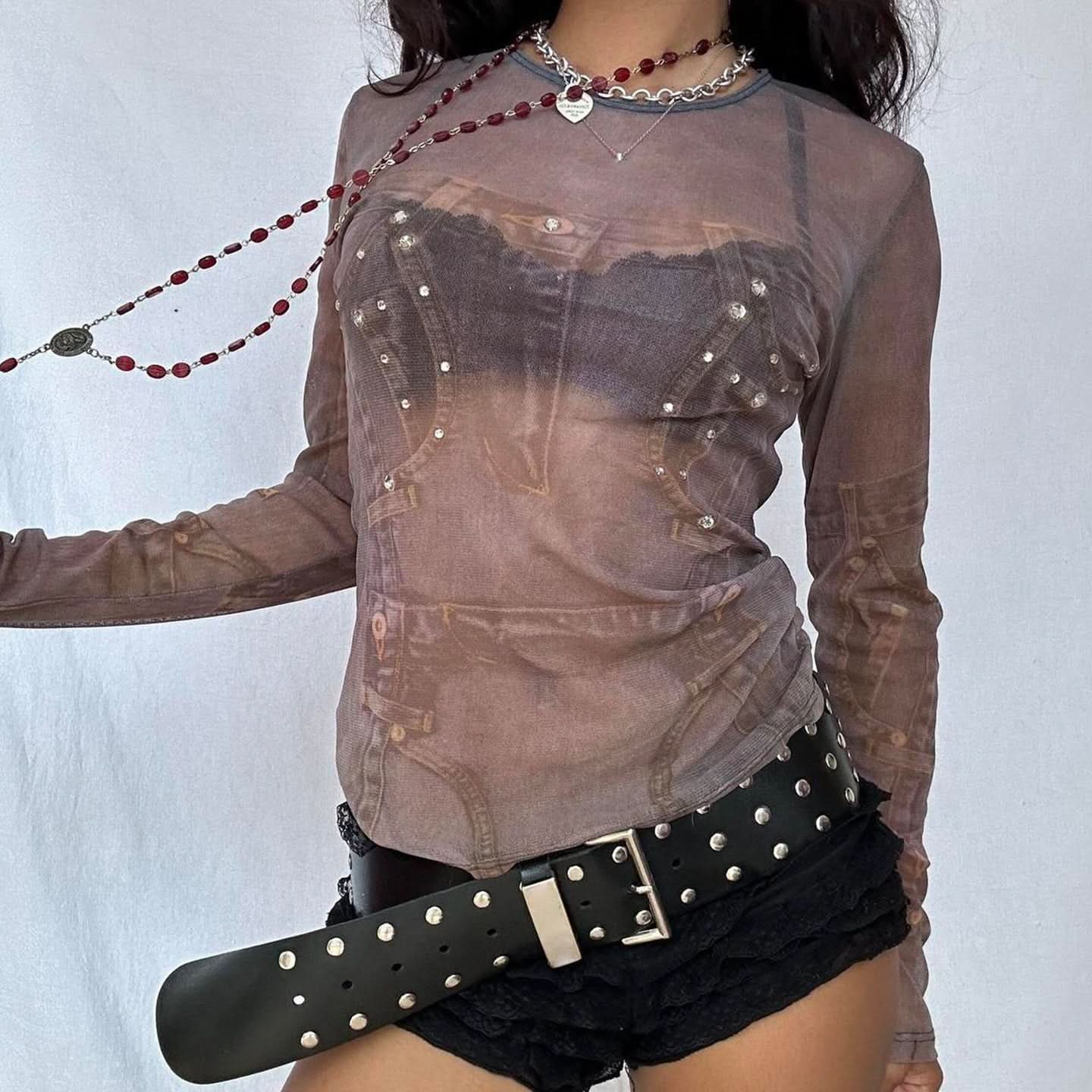 Y2K Grunge Revival Sheer Mesh Corset Top - Fall's Edgy Long Sleeve