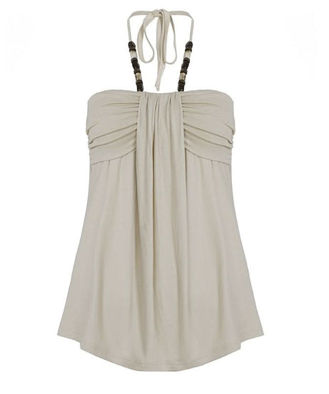 Effortless Boho Chic Halter Top for Women - Beaded Tie Neck & Ruched Comfort