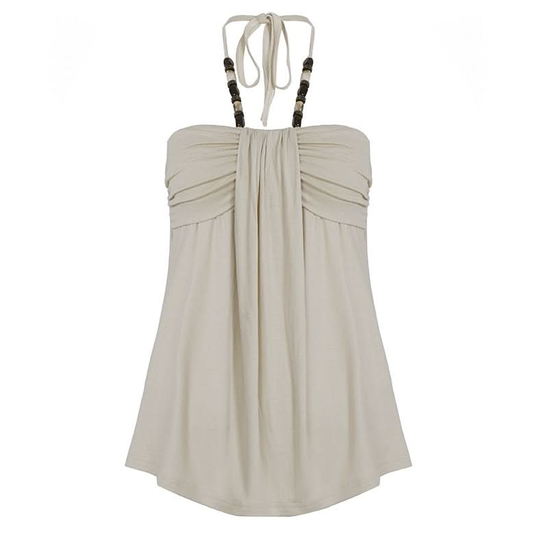Effortless Boho Chic Halter Top for Women - Beaded Tie Neck & Ruched Comfort