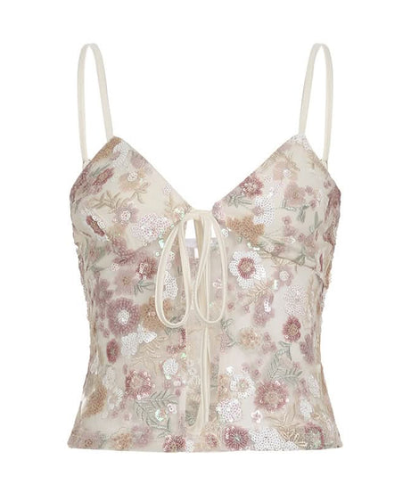 Romantic Floral Sequin Tie-Front Cami Top | Holiday-Ready V-Neck Sparkle