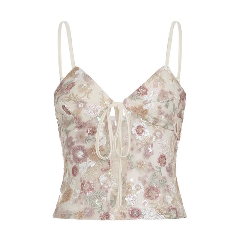 Romantic Floral Sequin Tie-Front Cami Top | Holiday-Ready V-Neck Sparkle