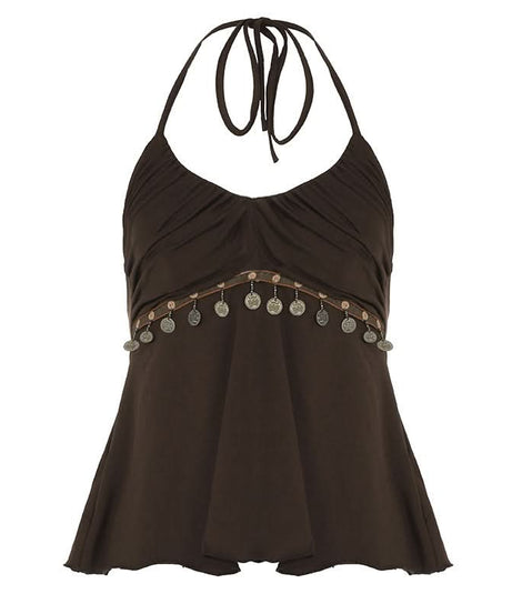 Dazzling Bohemian Coin Halter Top for Women | V-Neck Backless Fall & Vacation Style