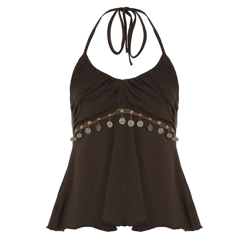 Dazzling Bohemian Coin Halter Top for Women | V-Neck Backless Fall & Vacation Style