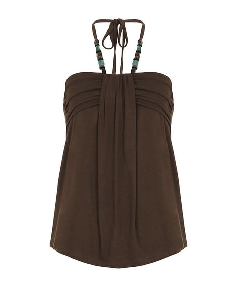 Effortless Boho Chic Halter Top for Women - Beaded Tie Neck & Ruched Comfort