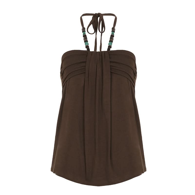 Effortless Boho Chic Halter Top for Women - Beaded Tie Neck & Ruched Comfort