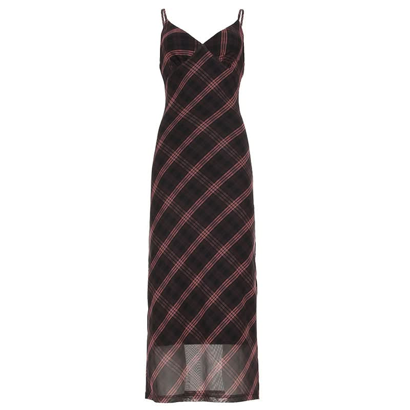 Effortless Elegance: Plaid Mesh Cami Maxi Slip Dress for Fall & Festive Occasions