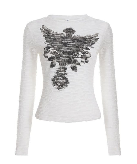 Edgy Gothic Winged Rose Skeleton Textured Long Sleeve Top - Fall Fashion Statement