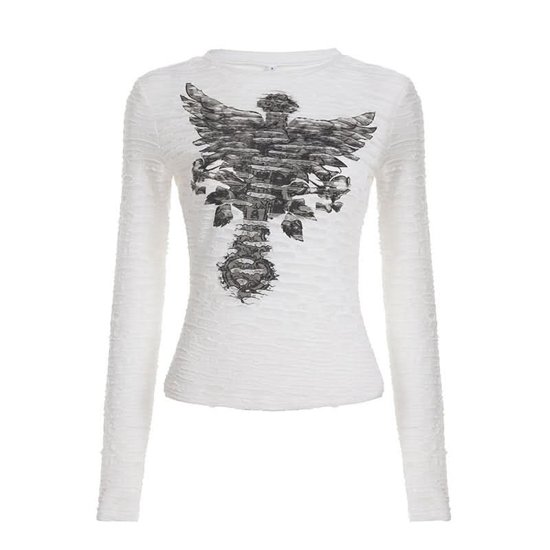 Edgy Gothic Winged Rose Skeleton Textured Long Sleeve Top - Fall Fashion Statement
