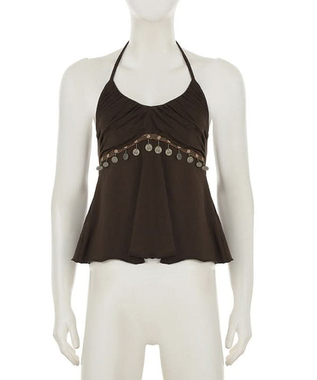 Dazzling Bohemian Coin Halter Top for Women | V-Neck Backless Fall & Vacation Style