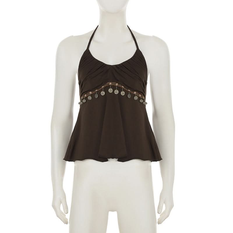 Dazzling Bohemian Coin Halter Top for Women | V-Neck Backless Fall & Vacation Style