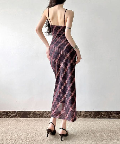 Effortless Elegance: Plaid Mesh Cami Maxi Slip Dress for Fall & Festive Occasions