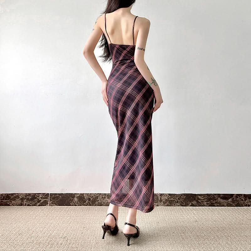 Effortless Elegance: Plaid Mesh Cami Maxi Slip Dress for Fall & Festive Occasions