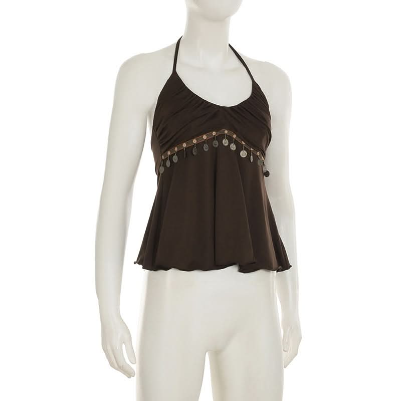 Dazzling Bohemian Coin Halter Top for Women | V-Neck Backless Fall & Vacation Style