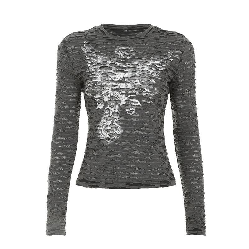 Edgy Gothic Winged Rose Skeleton Textured Long Sleeve Top - Fall Fashion Statement