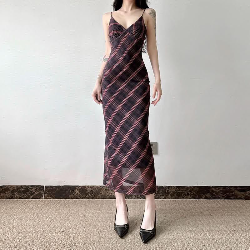 Effortless Elegance: Plaid Mesh Cami Maxi Slip Dress for Fall & Festive Occasions