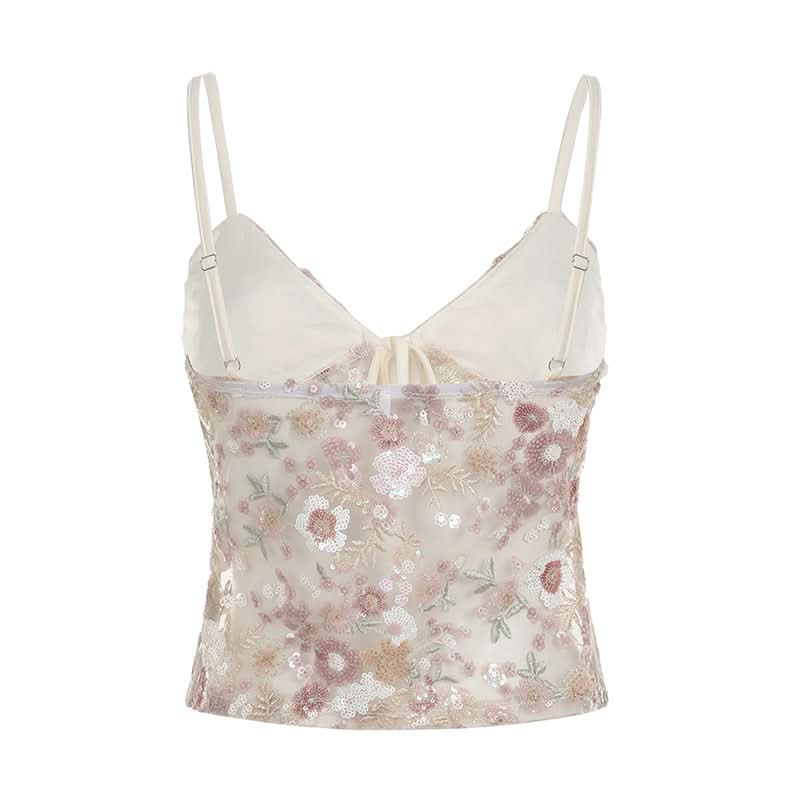 Romantic Floral Sequin Tie-Front Cami Top | Holiday-Ready V-Neck Sparkle