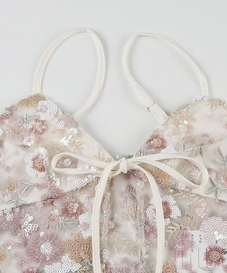 Romantic Floral Sequin Tie-Front Cami Top | Holiday-Ready V-Neck Sparkle
