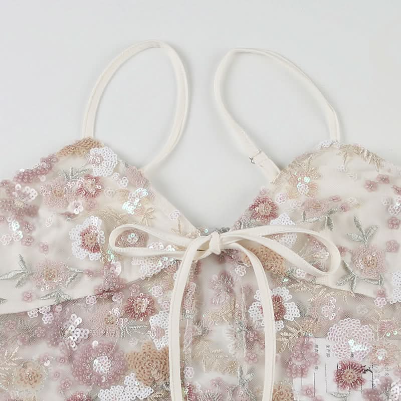 Romantic Floral Sequin Tie-Front Cami Top | Holiday-Ready V-Neck Sparkle