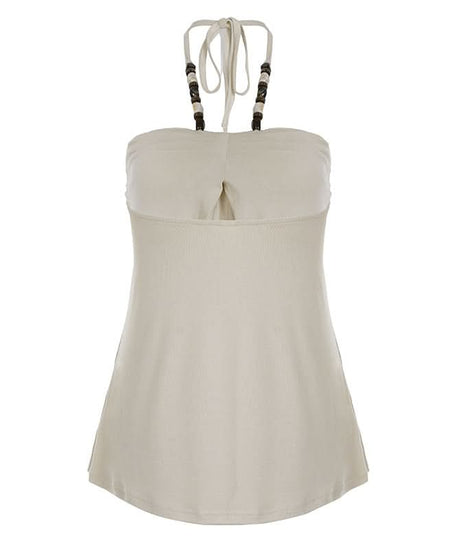 Effortless Boho Chic Halter Top for Women - Beaded Tie Neck & Ruched Comfort