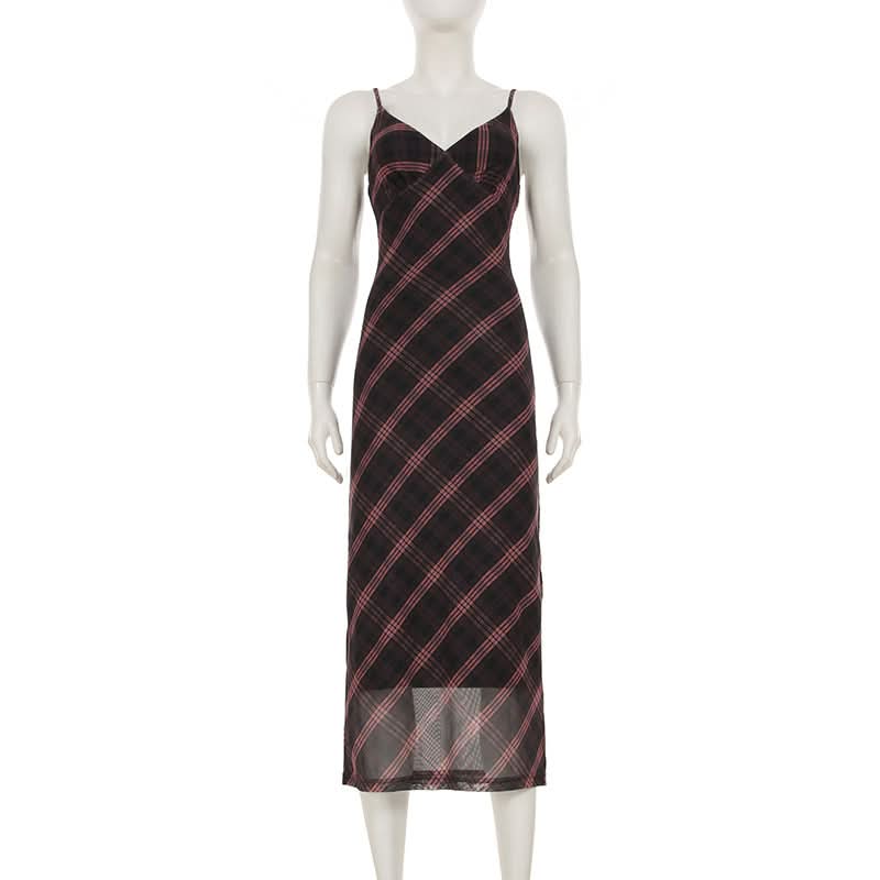Effortless Elegance: Plaid Mesh Cami Maxi Slip Dress for Fall & Festive Occasions