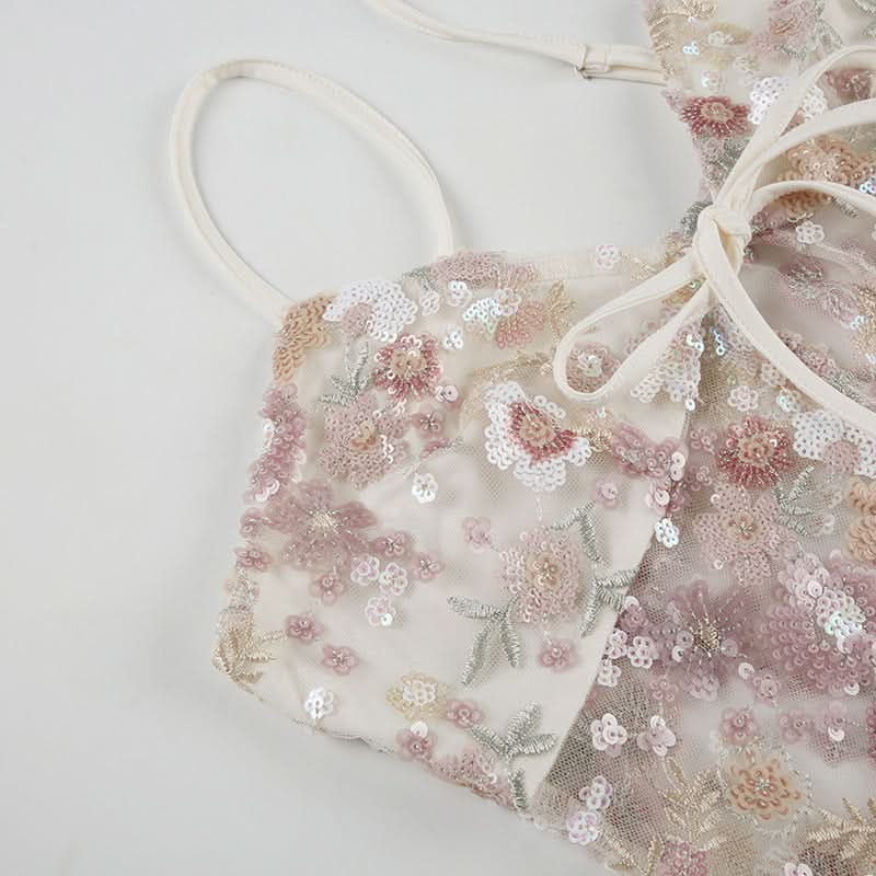 Romantic Floral Sequin Tie-Front Cami Top | Holiday-Ready V-Neck Sparkle