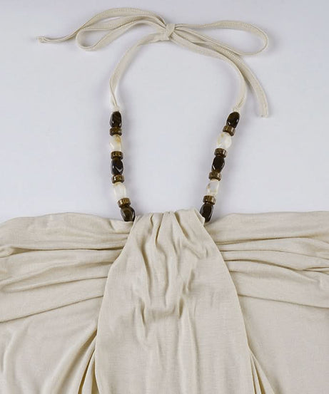 Effortless Boho Chic Halter Top for Women - Beaded Tie Neck & Ruched Comfort
