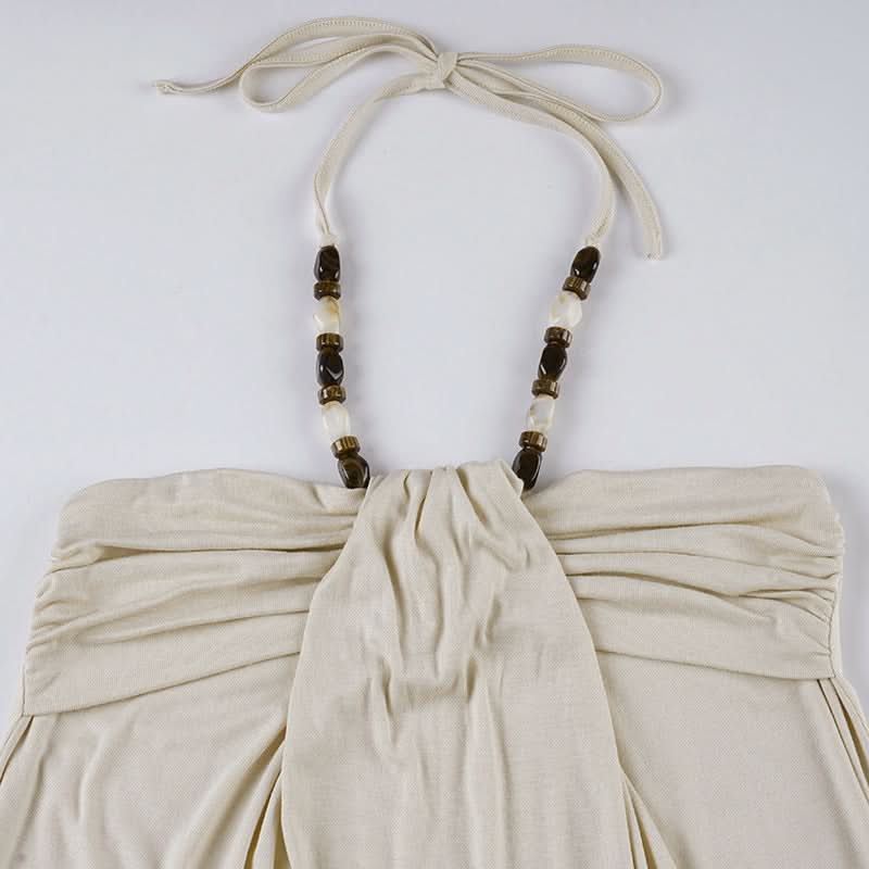 Effortless Boho Chic Halter Top for Women - Beaded Tie Neck & Ruched Comfort