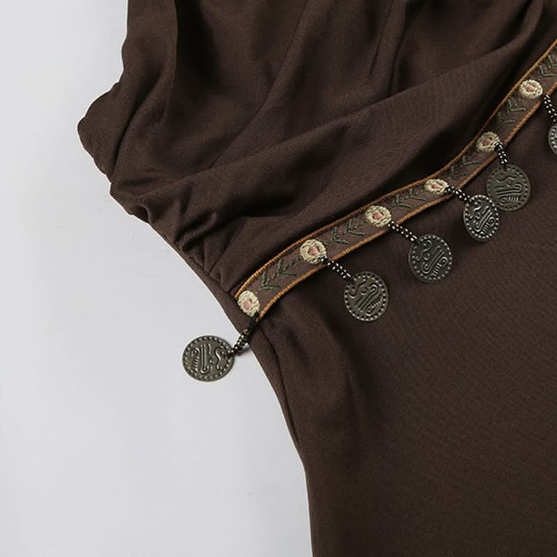 Dazzling Bohemian Coin Halter Top for Women | V-Neck Backless Fall & Vacation Style