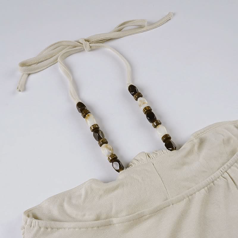 Effortless Boho Chic Halter Top for Women - Beaded Tie Neck & Ruched Comfort