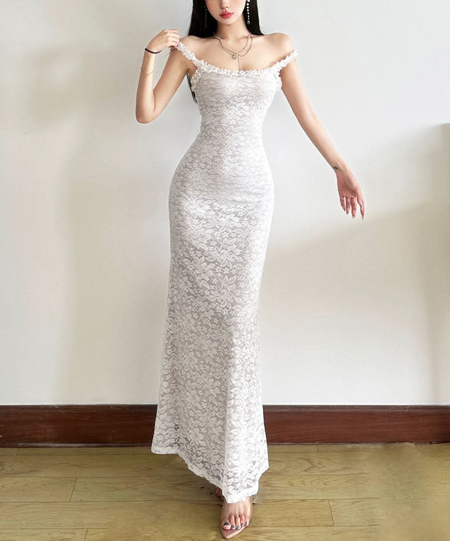 Elegant White Lace Off-Shoulder Maxi Dress - Perfect for Fall Events & Holiday Soirées