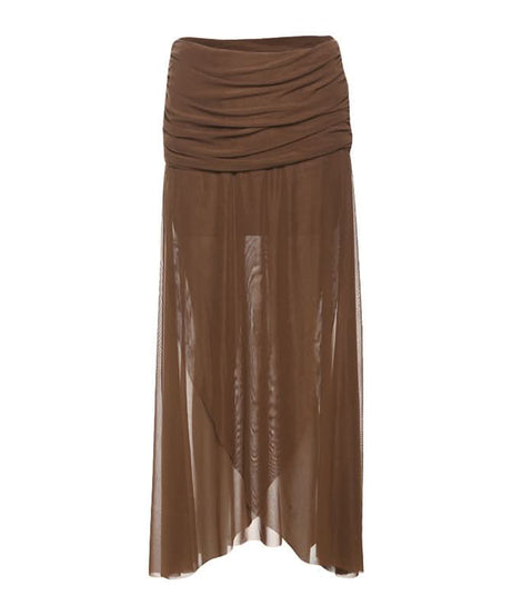 Effortless Fall Chic: Chocolate Ruched Sheer Mesh Maxi Skirt with Asymmetric Hem