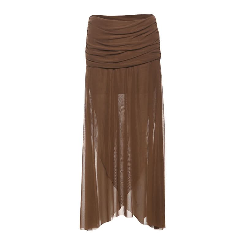 Effortless Fall Chic: Chocolate Ruched Sheer Mesh Maxi Skirt with Asymmetric Hem