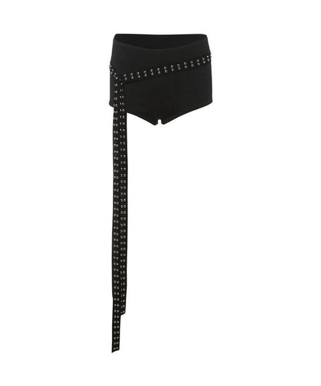 Fall's Edgy Obsession: Studded Low-Rise Shorts with Cascading Strap