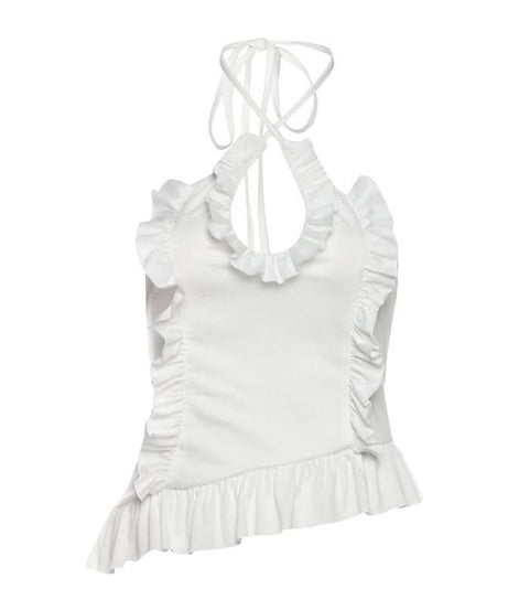 Dreamy Ruffled Halter Top - Chic Asymmetrical White Blouse for Women
