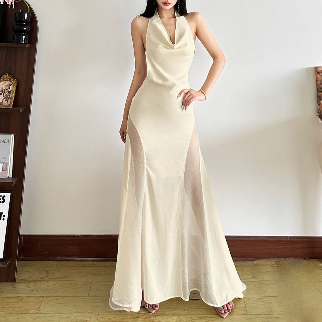 Elegant Cowl Neck Sheer Panel Maxi Dress | Holiday & New Year's Eve Glamour