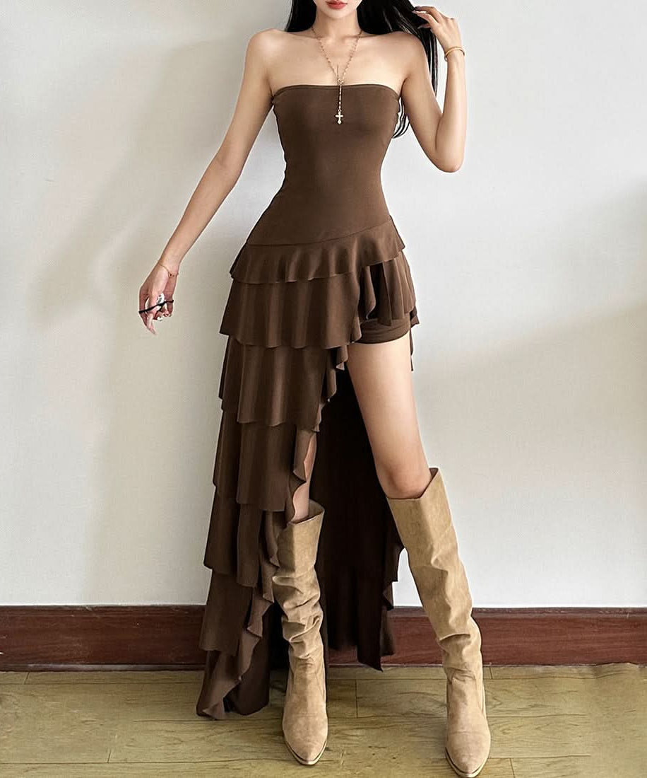 Autumn Glamour: Strapless Ruffle High-Low Maxi Dress - Your Chocolate Brown Fall Statement Piece