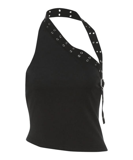 Edgy Black Halter Top for Women – Grommet & Buckle Detail for Fall & Halloween Parties