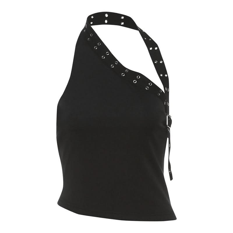 Edgy Black Halter Top for Women – Grommet & Buckle Detail for Fall & Halloween Parties