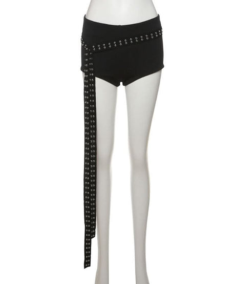 Fall's Edgy Obsession: Studded Low-Rise Shorts with Cascading Strap
