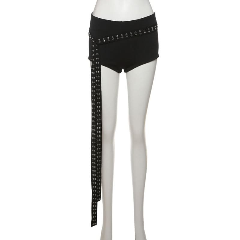 Fall's Edgy Obsession: Studded Low-Rise Shorts with Cascading Strap