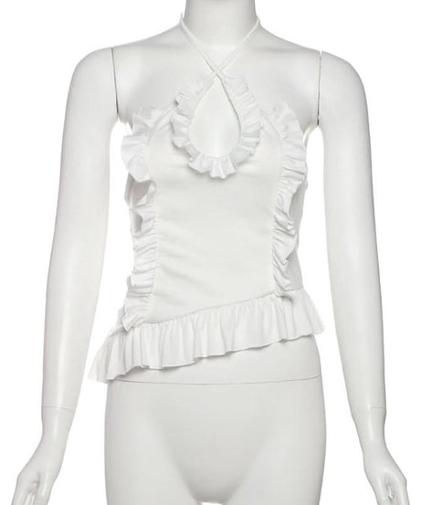 Dreamy Ruffled Halter Top - Chic Asymmetrical White Blouse for Women