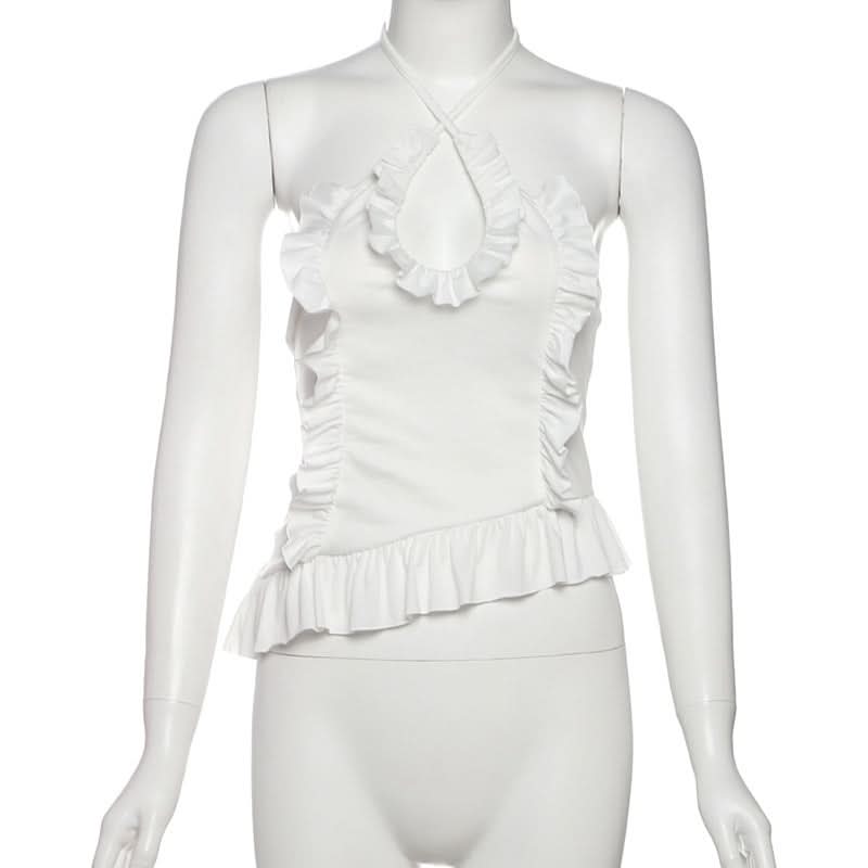 Dreamy Ruffled Halter Top - Chic Asymmetrical White Blouse for Women