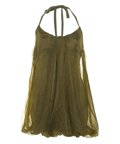 Effortless Chic Olive Sheer Halter Bubble Mini Dress - Fall Evening & Resort Ready